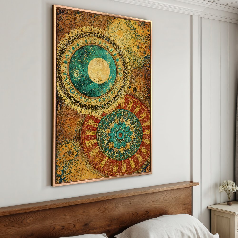 Framed Wall Art: Bohemian mandala canvas print with teal, gold, and rust tones. Perfect for bedroom decor. Shop now!