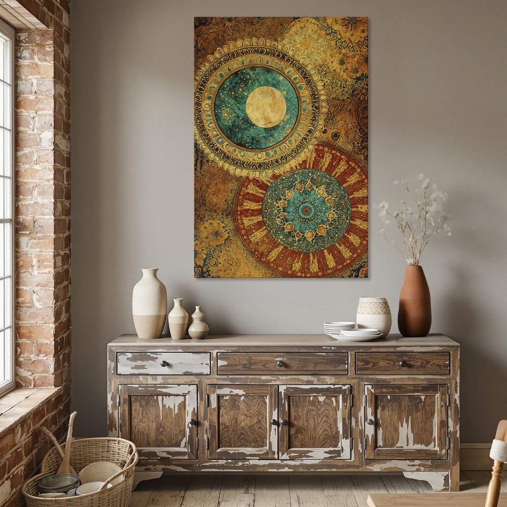 Framed Wall Art featuring a vibrant mandala design in teal, gold, and rust. Perfect for adding bohemian flair to your dining room!