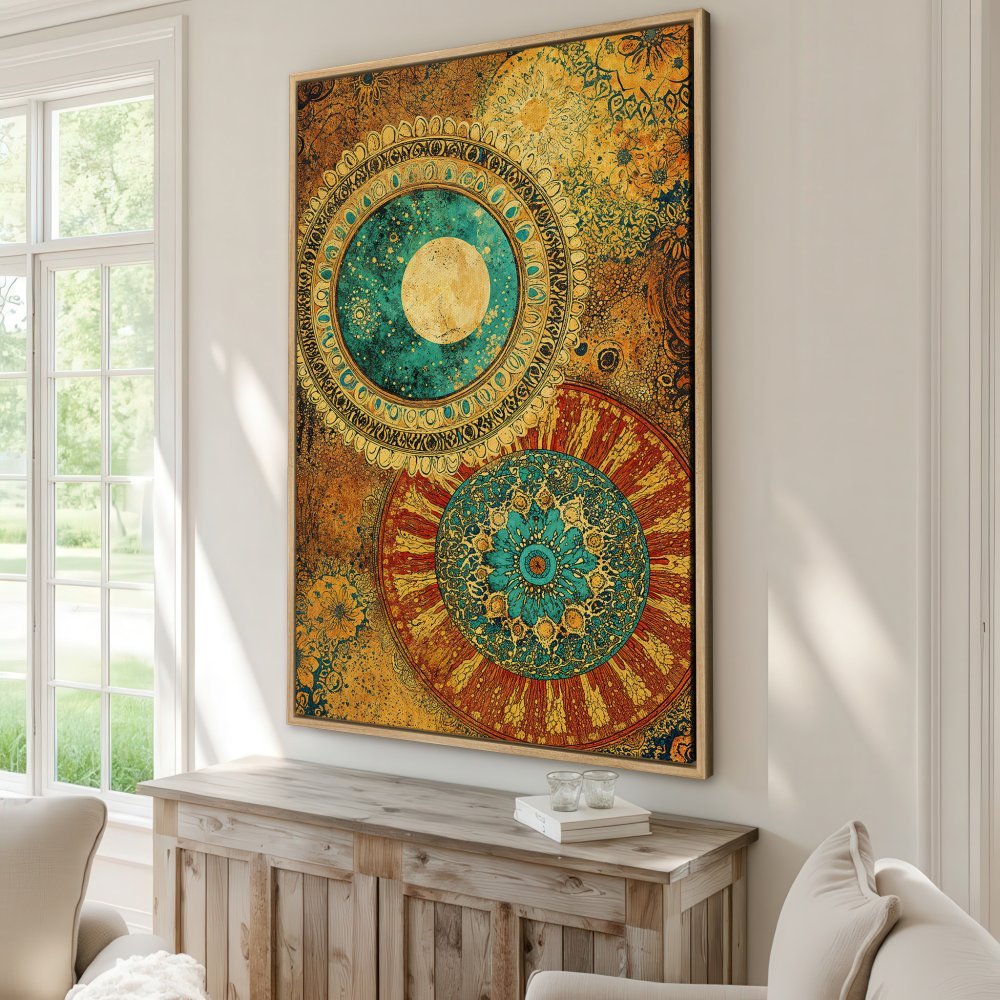 Framed Wall Art: Bohemian mandala canvas print in warm earth tones, teal, and gold. Elevate your space with this stunning statement piece.