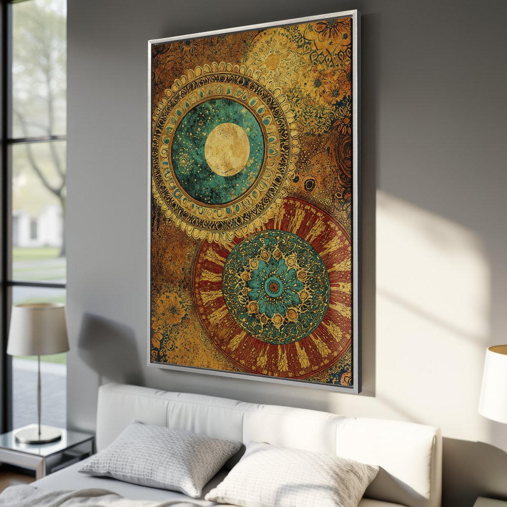 Framed Wall Art: Boho-style mandala canvas print in warm gold, teal, and red. Elevate your space with this unique, eye-catching artwork.
