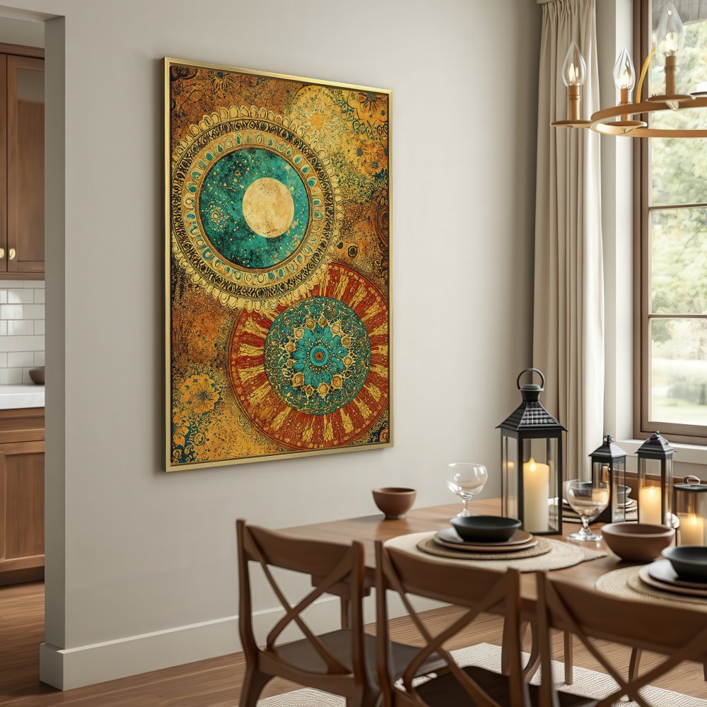 Bohemian Canvas Print with mandala design. Earthy tones of gold, teal, and rust. Perfect for adding a touch of zen to your space.