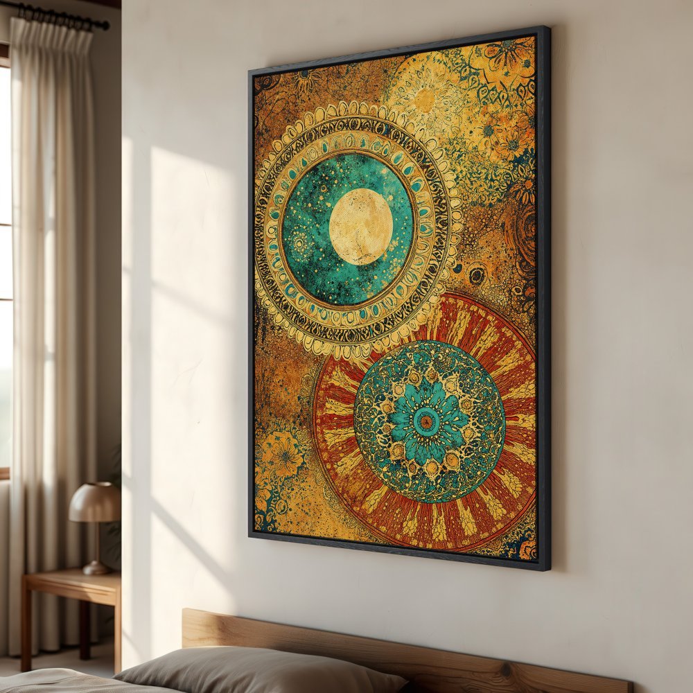 Framed Wall Art: Bohemian mandala canvas print in teal, gold, and red. Add a touch of boho style to your home decor with this stunning artwork.