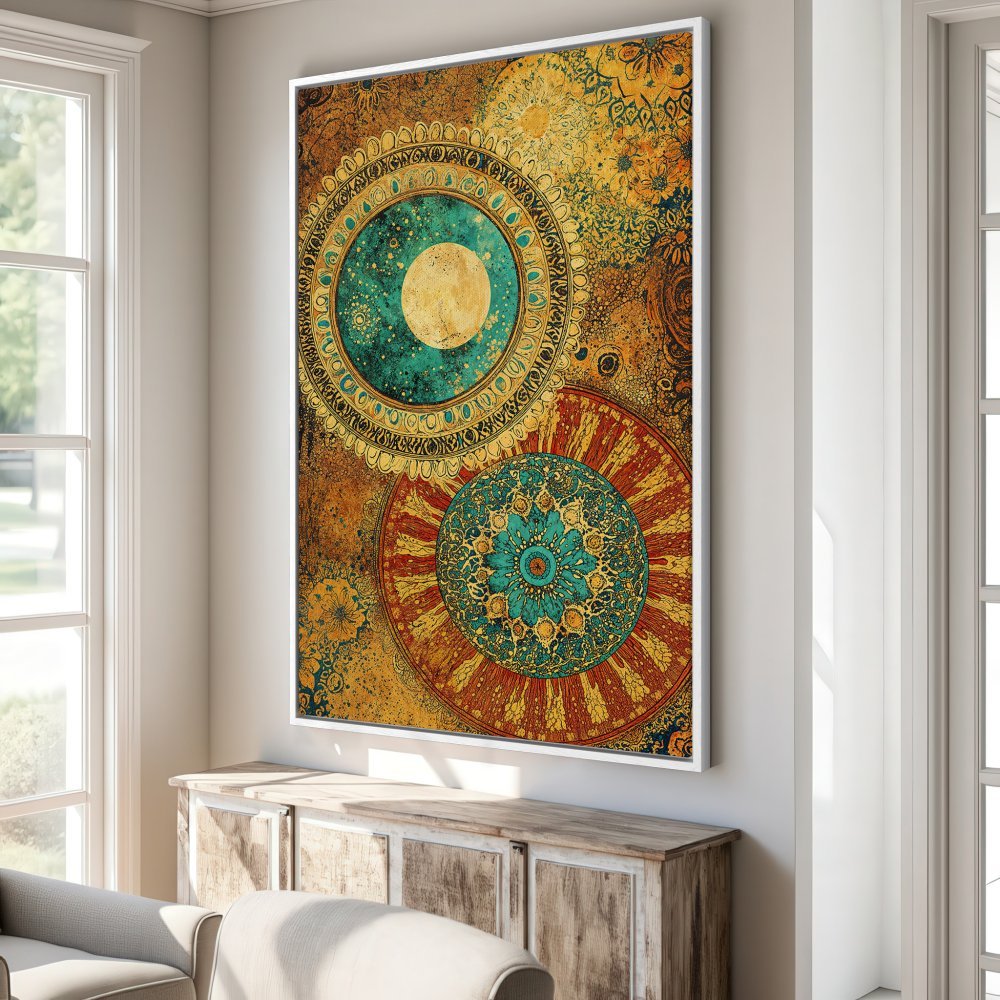 Framed Wall Art: Bohemian mandala Canvas Print in teal, gold, and rust. Add a touch of artistry to your home decor.