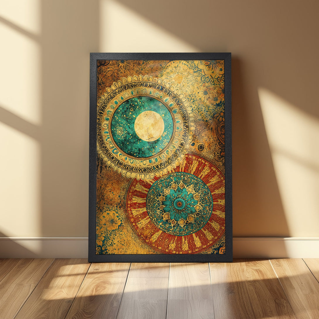 Framed Poster featuring a mandala design in teal, gold, and rust colors. Perfect wall art for a bohemian style.