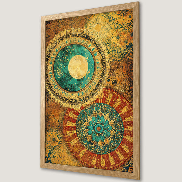Framed Poster featuring a vibrant mandala design in teal, gold, and rust hues. Perfect wall art for any space!