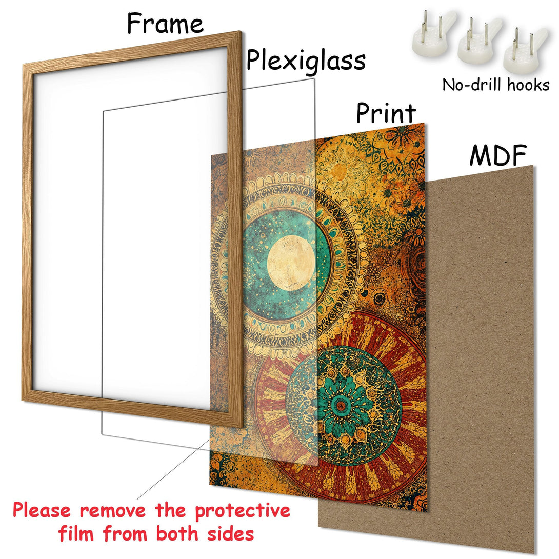 Framed Poster featuring a detailed mandala design in warm yellow, teal, and red tones. Ready to hang art for your home!