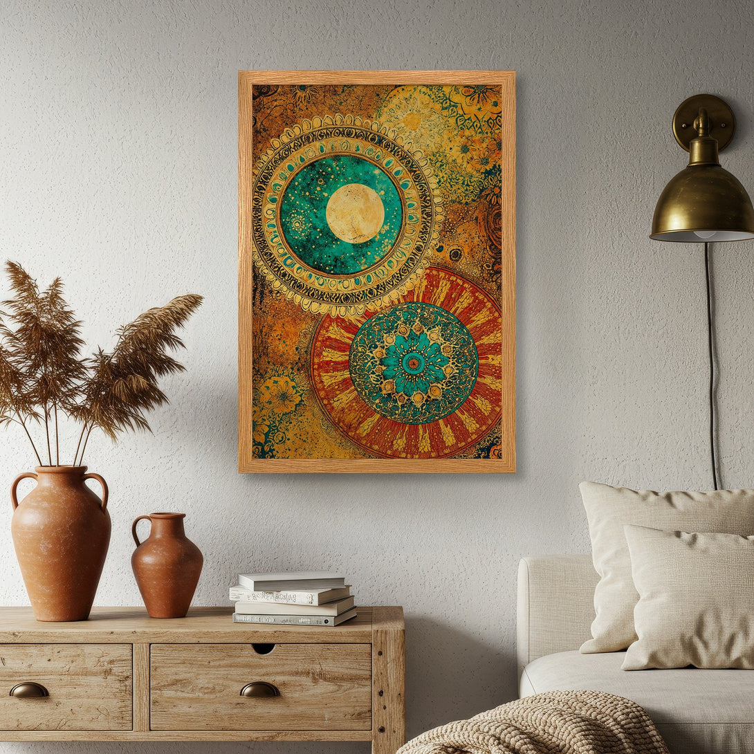 Framed Poster featuring a vibrant mandala design in teal, gold, and red. Perfect boho art for your home!