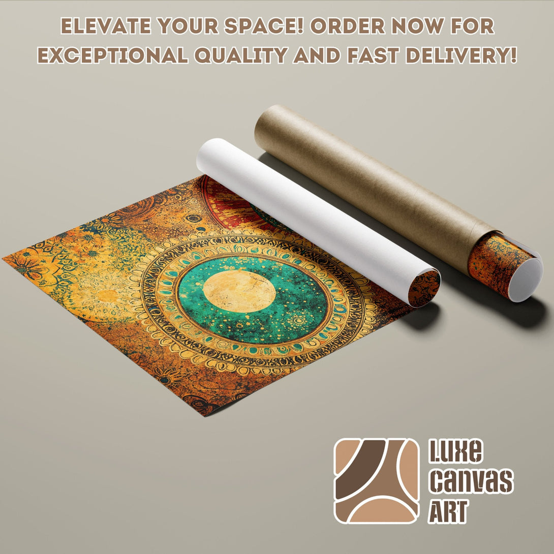 Poster Roll featuring a colorful mandala design. Warm, earthy tones. Elevate your space with this stunning art!