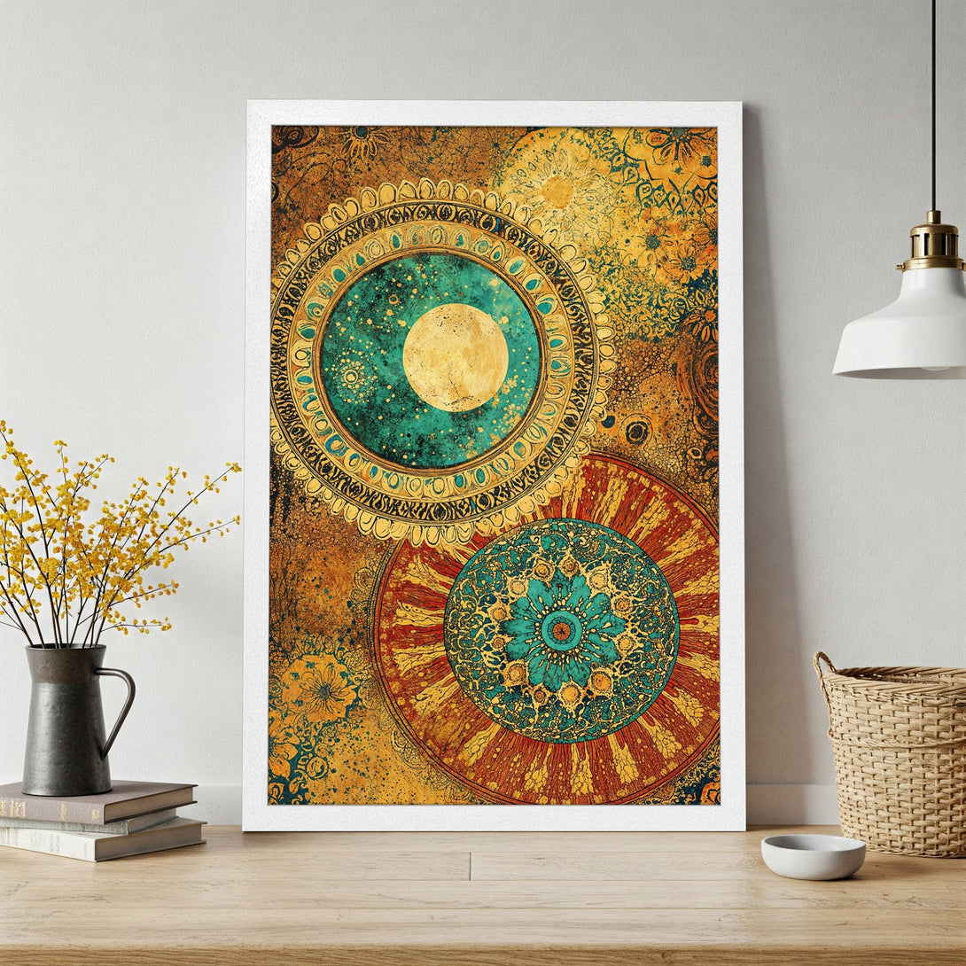 Framed Poster featuring mandala art in teal, gold, and rust colors. Perfect for adding bohemian style to your home decor.