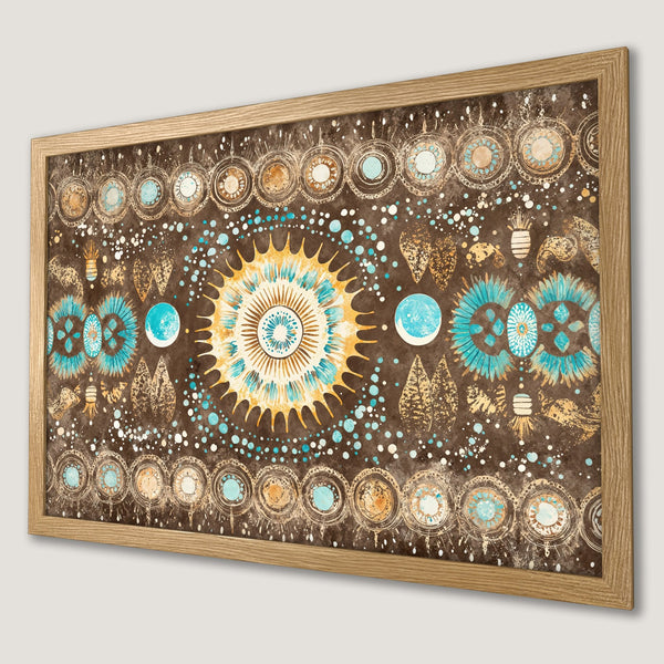 Framed Poster featuring a bohemian style design in brown, teal, and gold. Perfect wall art for any space.