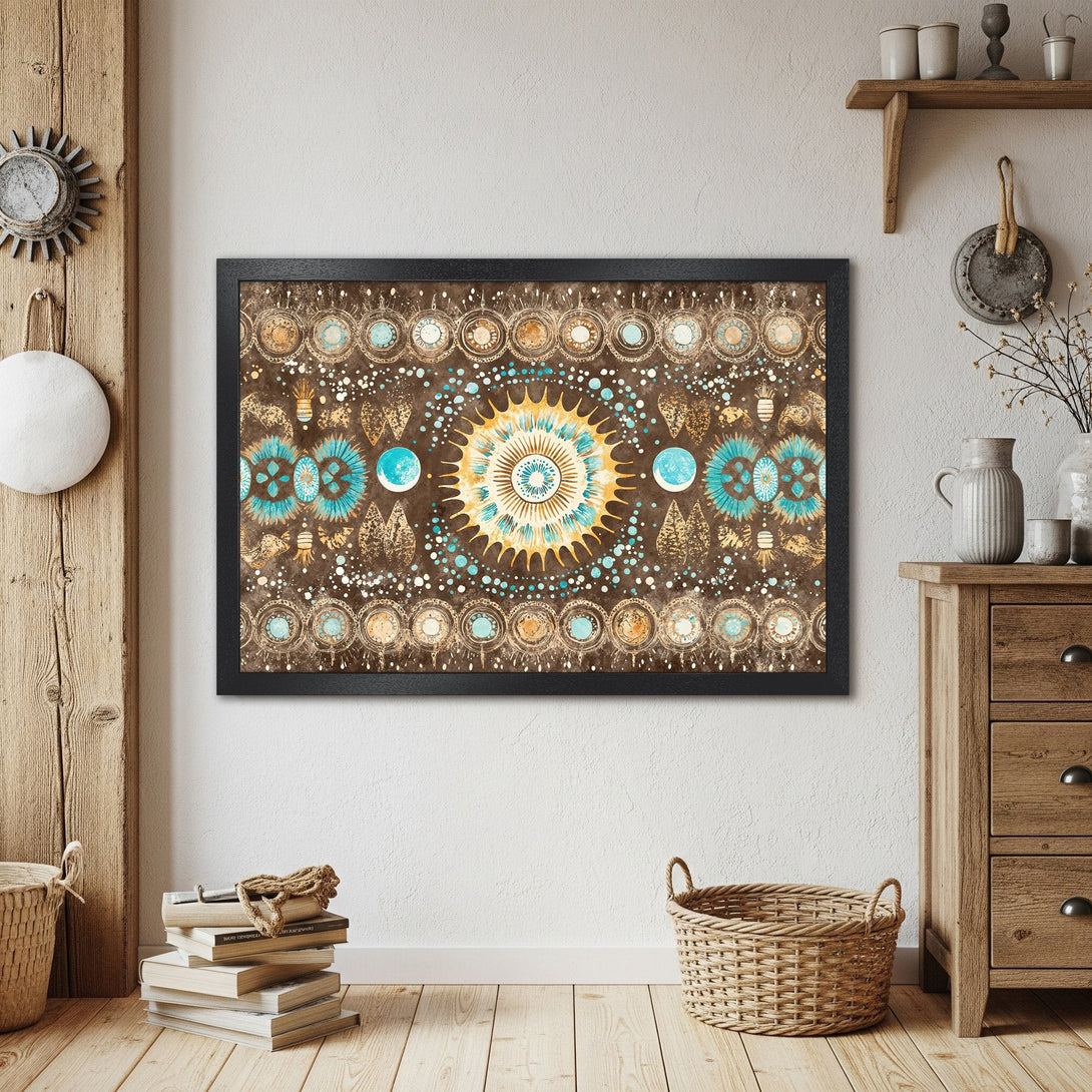 Framed Poster featuring a bohemian, abstract design in brown, teal, and gold. Perfect wall art for any room.