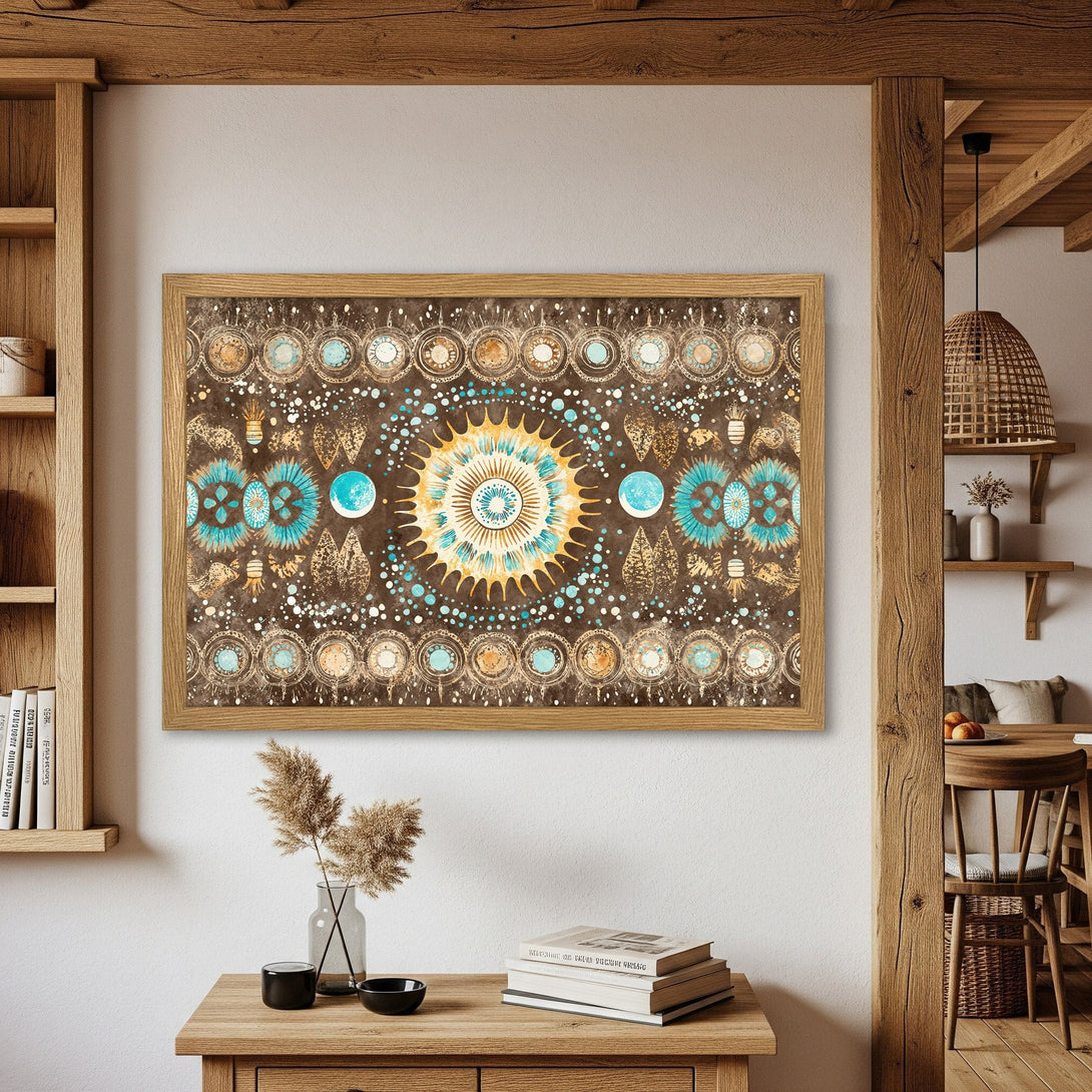Framed Poster featuring a bohemian style design with a brown, teal, and gold color palette. Perfect wall art for your home decor.
