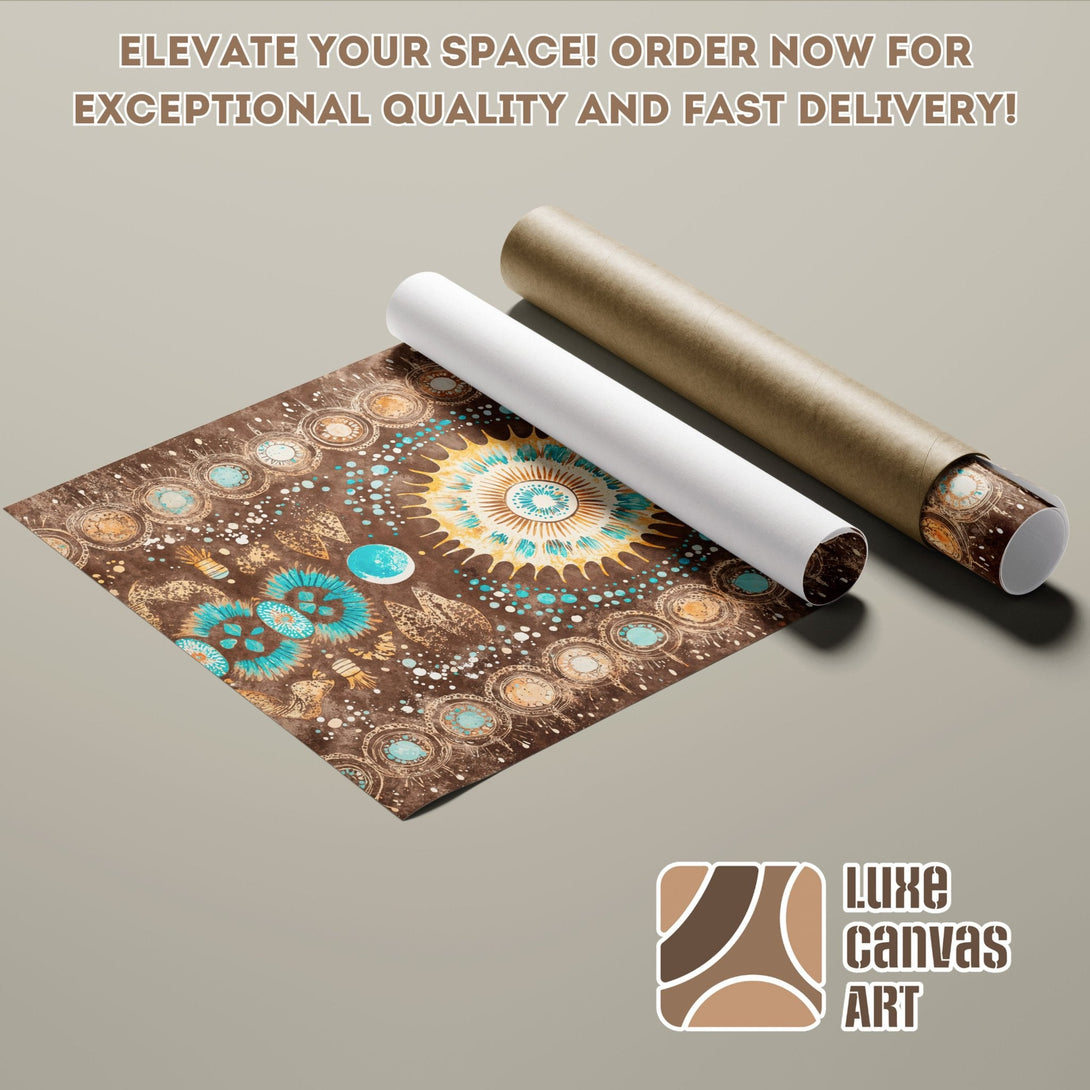 Poster Roll featuring abstract art in brown, teal, and gold color palette. Elevate your space!