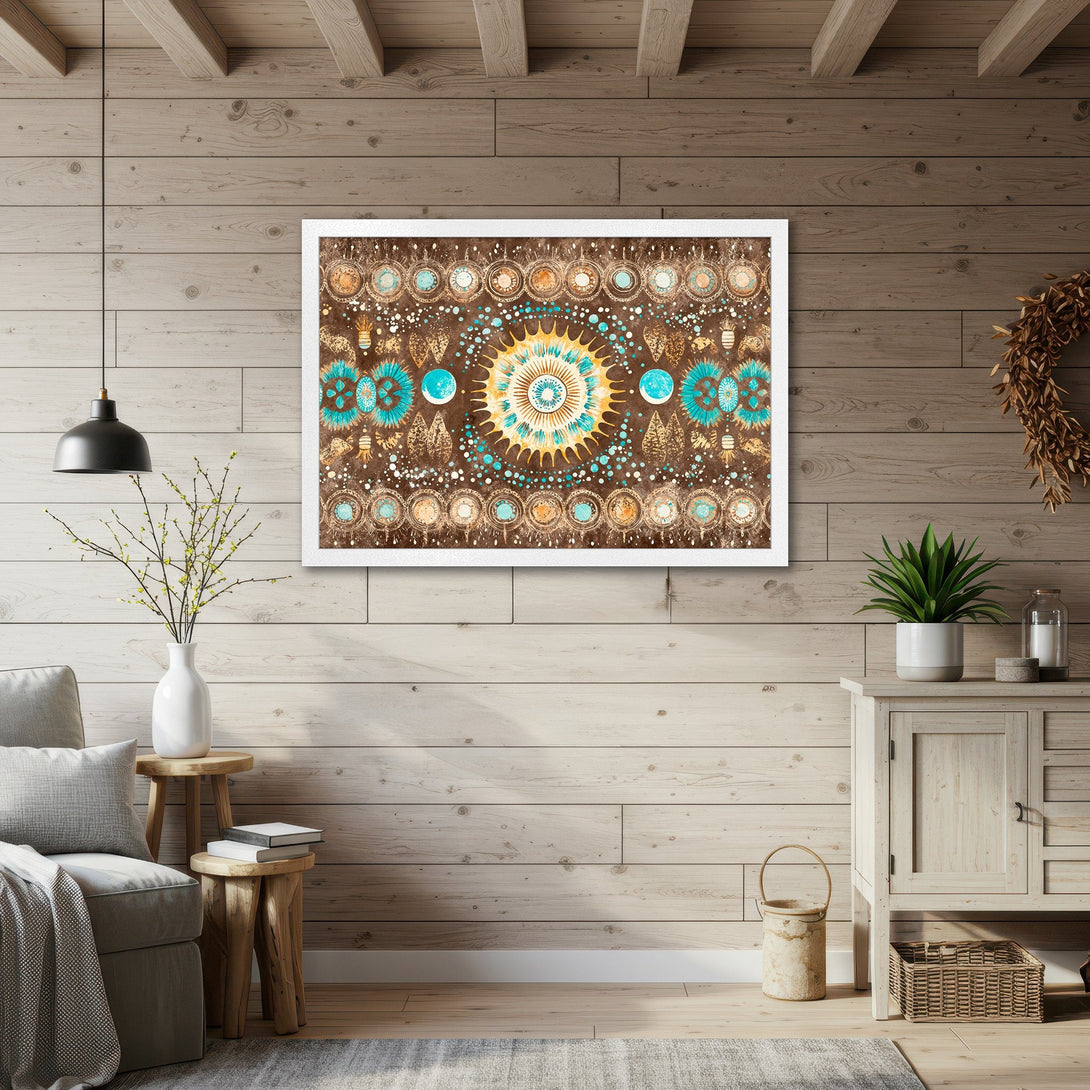 Framed Poster featuring an abstract, boho-style design in brown, teal, and gold. Add a touch of art to your home!