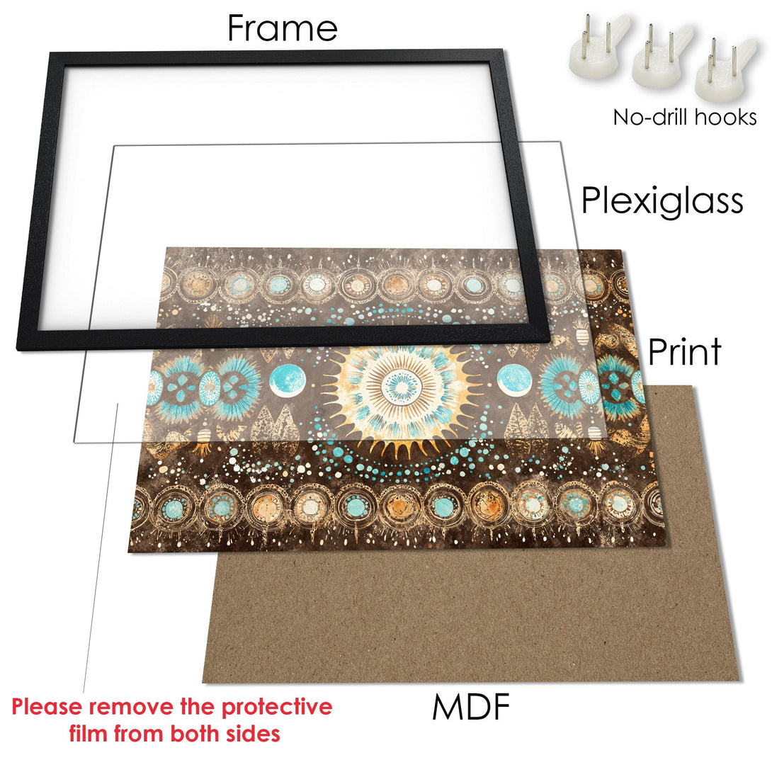 Framed Poster with boho design in teal, brown, and gold. Add art to your space!
