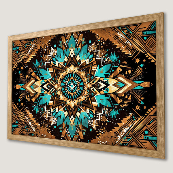 Framed Poster featuring a geometric mandala design in teal, brown, and gold. Perfect art for your home!