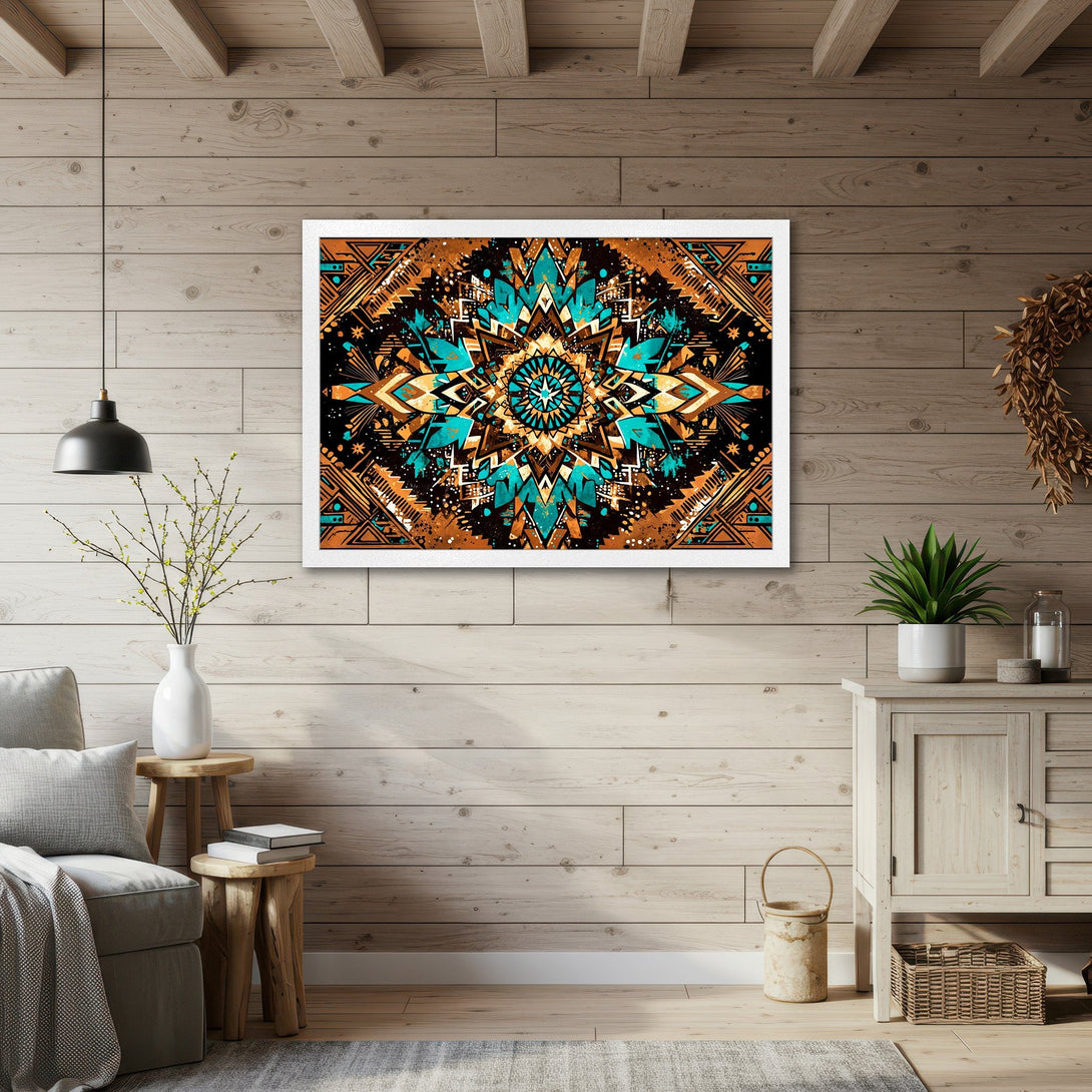 Framed Poster featuring a vibrant geometric design in teal, orange, and black. Modern art style, perfect for home decor.