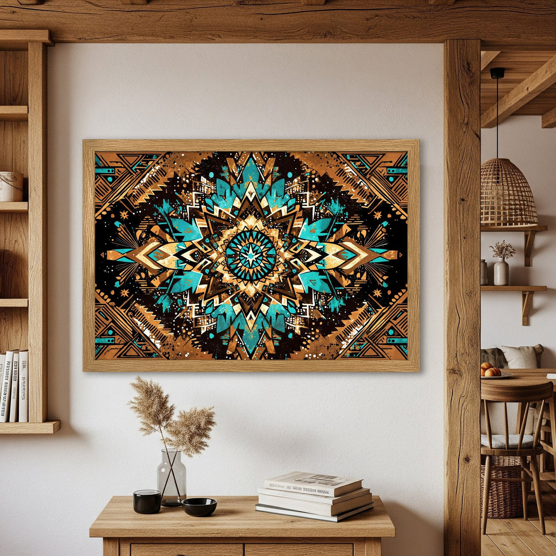 Framed Poster featuring a geometric mandala design in teal, brown, and gold. Perfect wall art for a stylish home.