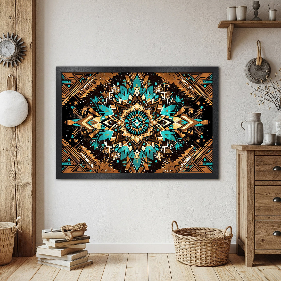 Framed Poster featuring a geometric mandala design in teal, gold, and black. Modern art for home decor.