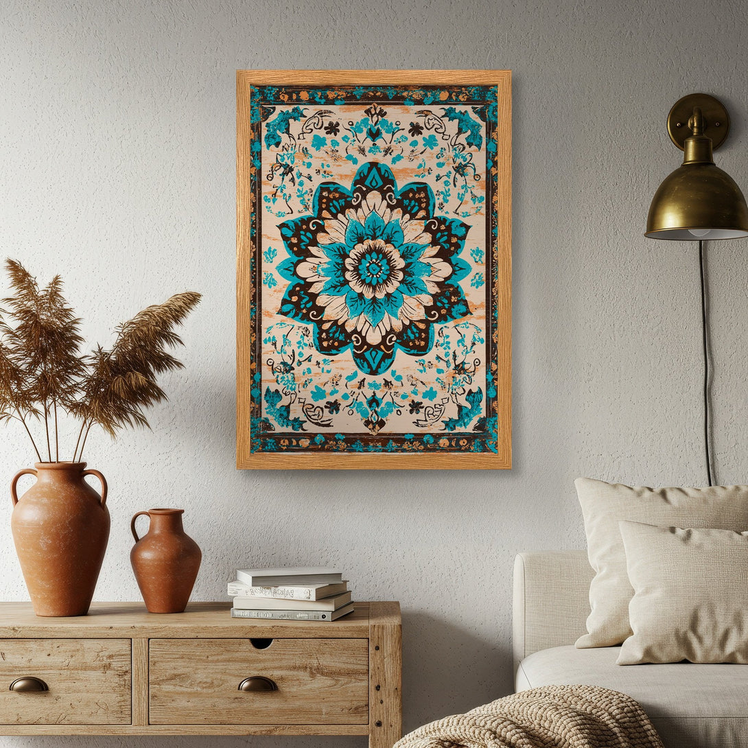 Framed Poster featuring a floral mandala design in a bohemian style with a teal and brown color palette. Perfect wall art!