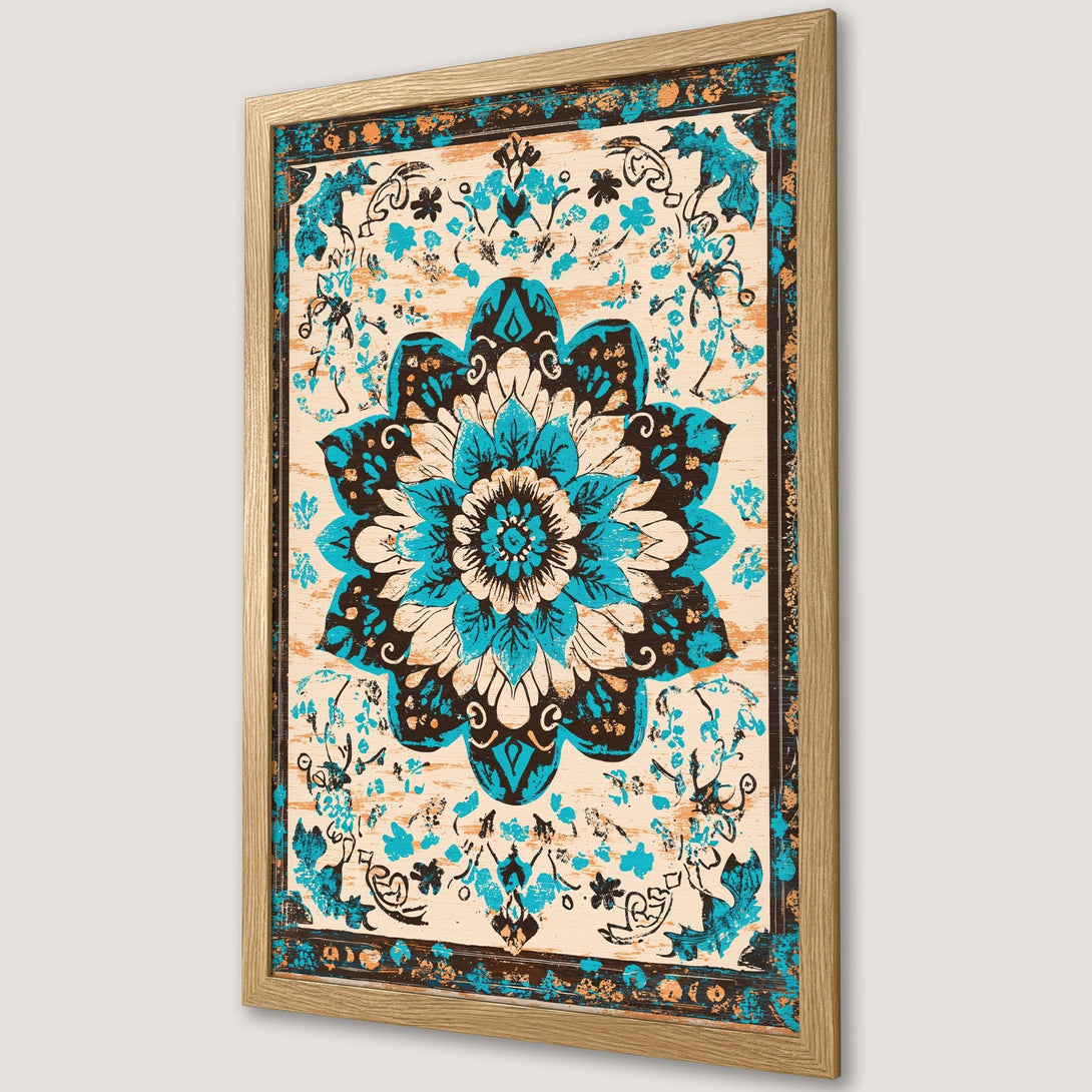 Framed Poster featuring a floral design in teal, brown, and beige. A beautiful art print to elevate your home decor!