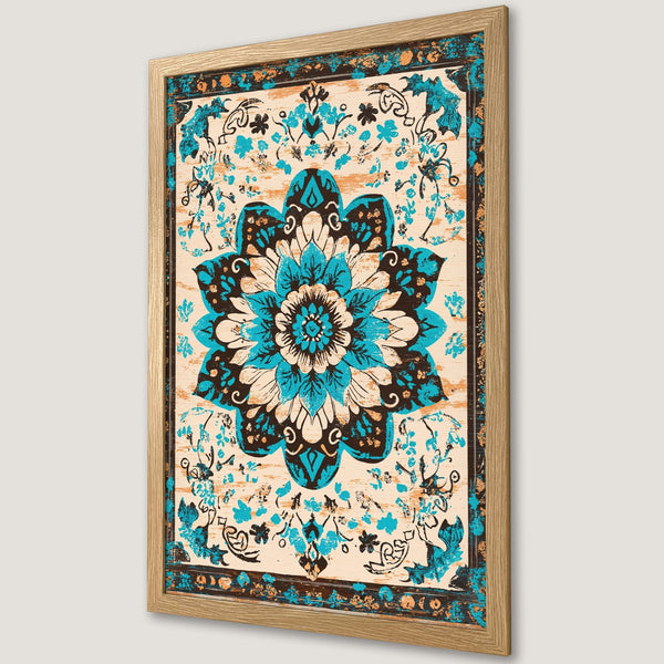 Framed Poster featuring a floral design in teal, brown, and beige. A beautiful art print to elevate your home decor!