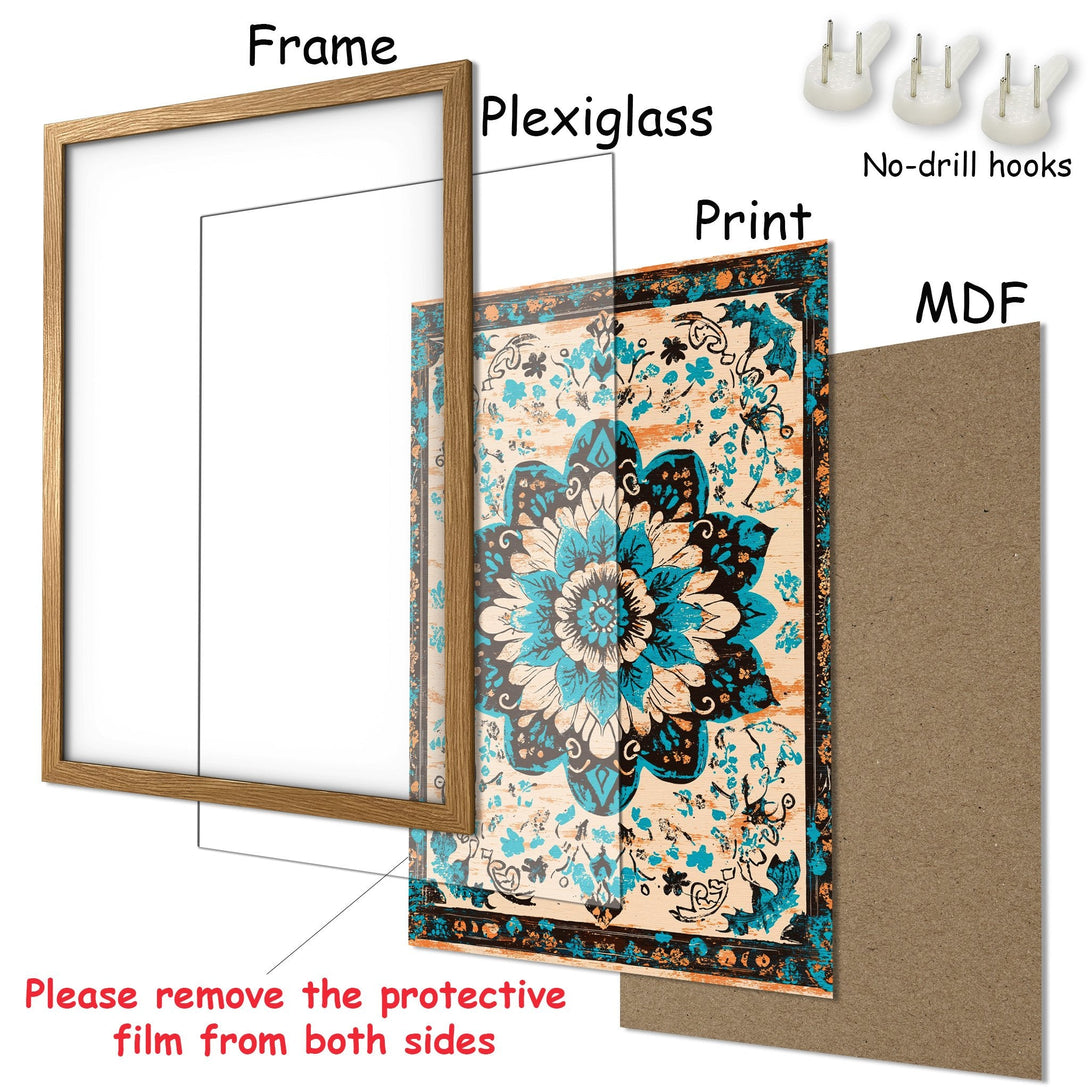 Framed Poster with floral design in teal, orange, and beige. Perfect wall art for your home decor.