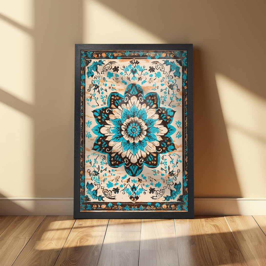 Framed Poster featuring a vibrant blue and brown floral design. Perfect wall art to add a touch of bohemian style and color to your home.
