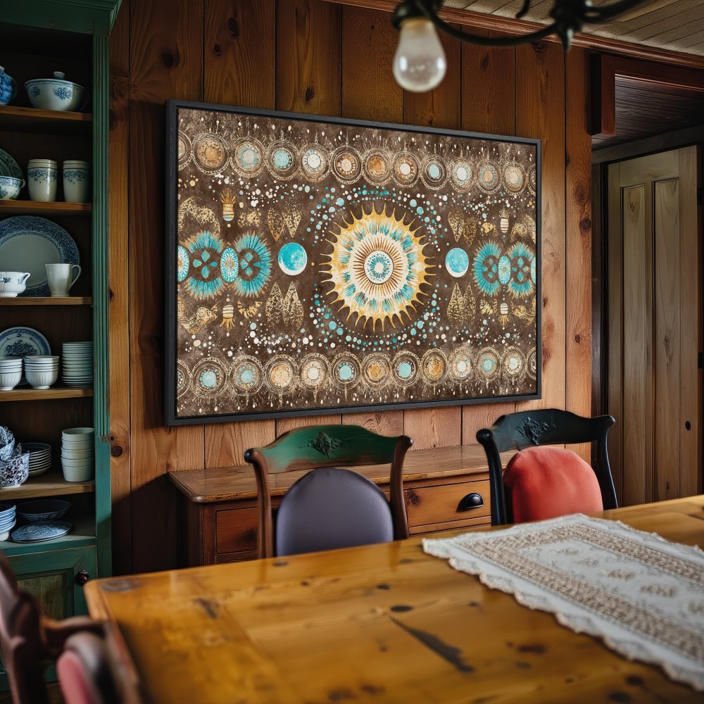 Framed Wall Art: Boho-style Canvas Print with turquoise, brown, and gold mandala design. Perfect for adding artistic flair to your dining room!