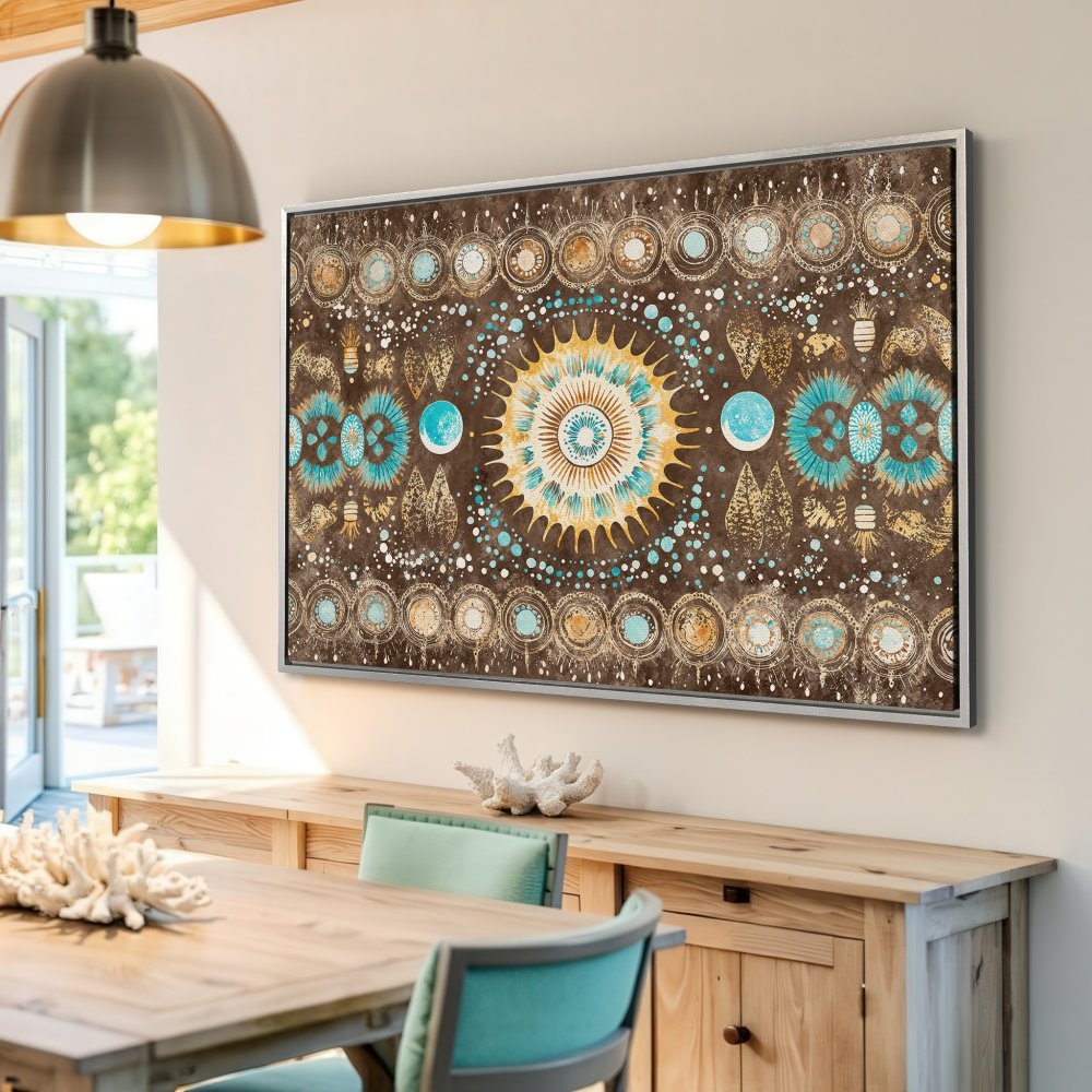 Framed Wall Art: Bohemian mandala canvas print in brown, teal, and gold. Add a touch of artistry to your home decor!