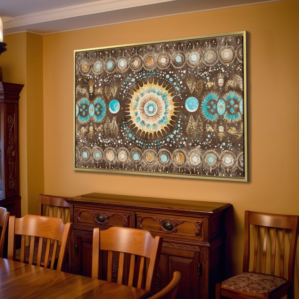 Canvas Print: Boho-style artwork with a brown, teal, and gold color palette. Perfect wall art for living room decor.