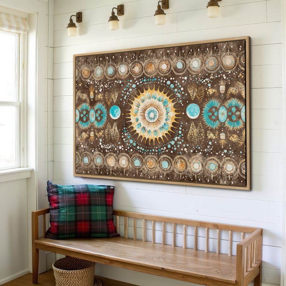 Framed Wall Art: Abstract mandala design in brown, teal, and gold tones. Add a touch of bohemian style to your home with this unique canvas print.