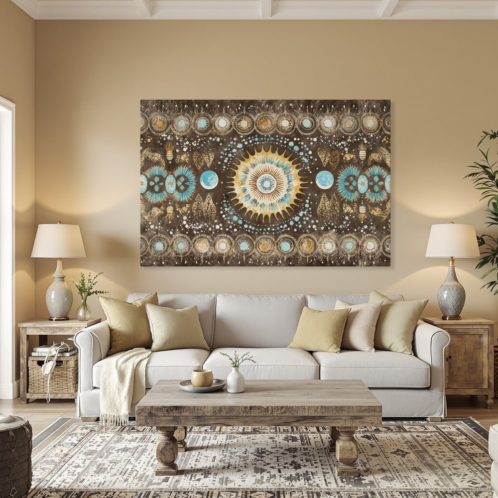 Framed Wall Art featuring a bohemian mandala design in teal, gold, and brown. Elevate your space with this stunning Canvas Print!