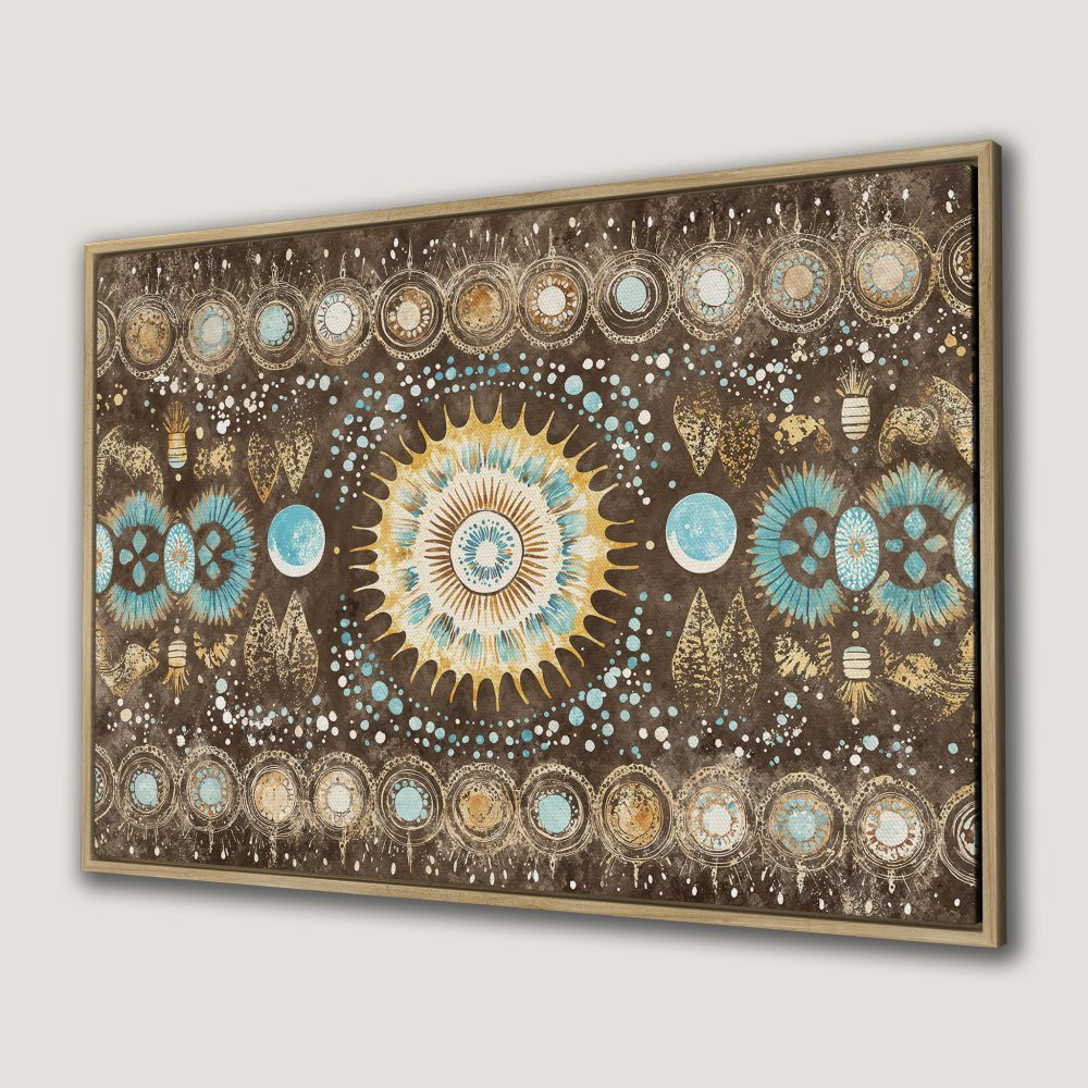 Framed Wall Art: Bohemian mandala design in brown, teal, and gold. Add a touch of artistry to your space with this stunning canvas print.