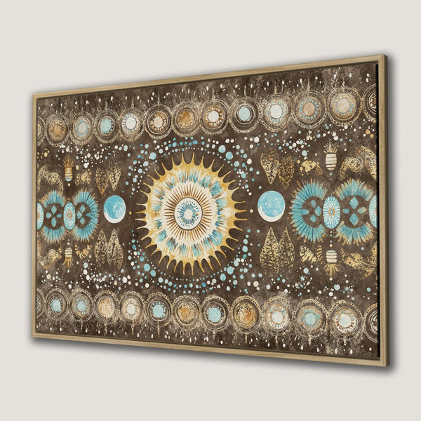 Framed Wall Art: Bohemian mandala design in brown, teal, and gold. Add a touch of artistry to your space with this stunning canvas print.