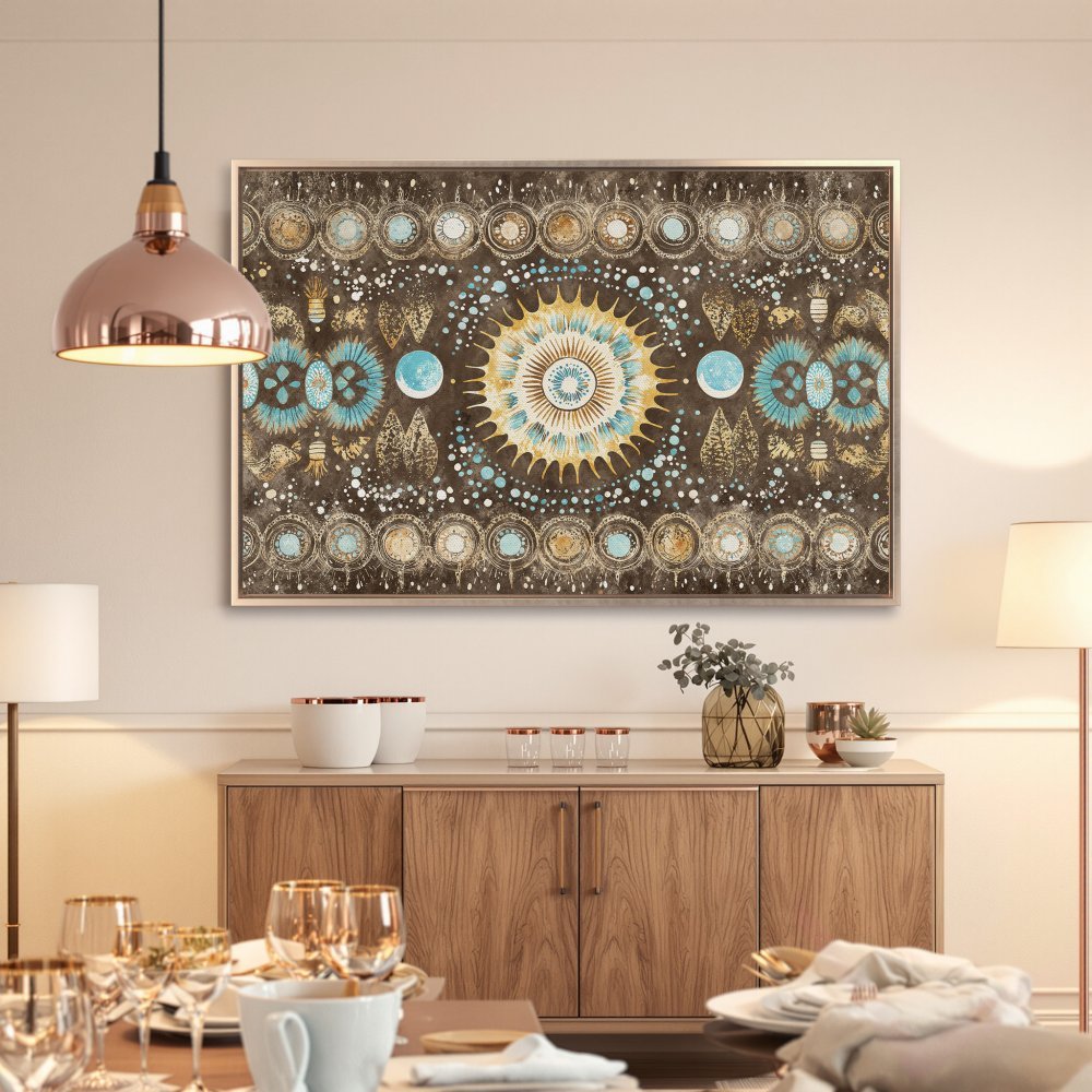 Framed Wall Art: Bohemian-style canvas print with a brown, teal, and gold color palette. Elevate your dining room with this stunning artwork!