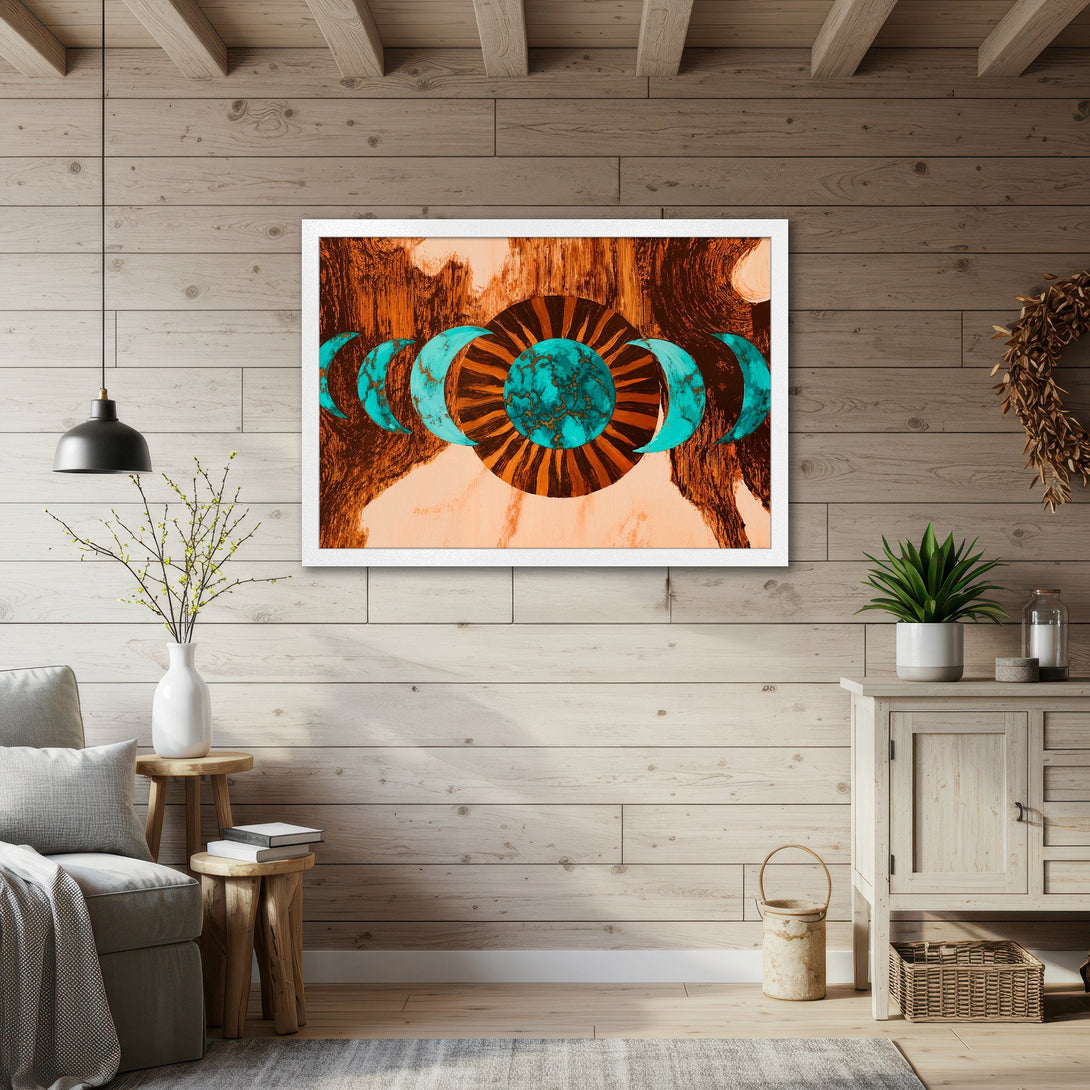 Framed Poster featuring a celestial design in earthy tones. Modern art style with a warm color palette, perfect for home decor.