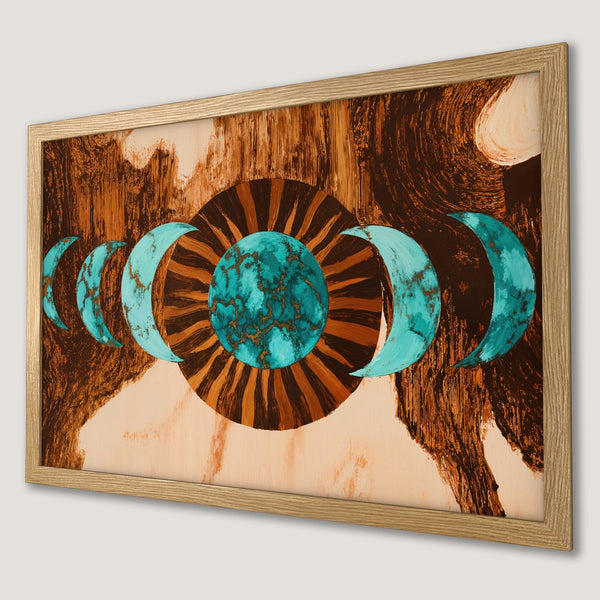 Framed Poster featuring a celestial design in teal, brown, and cream tones. Abstract art style for a modern wall decor.