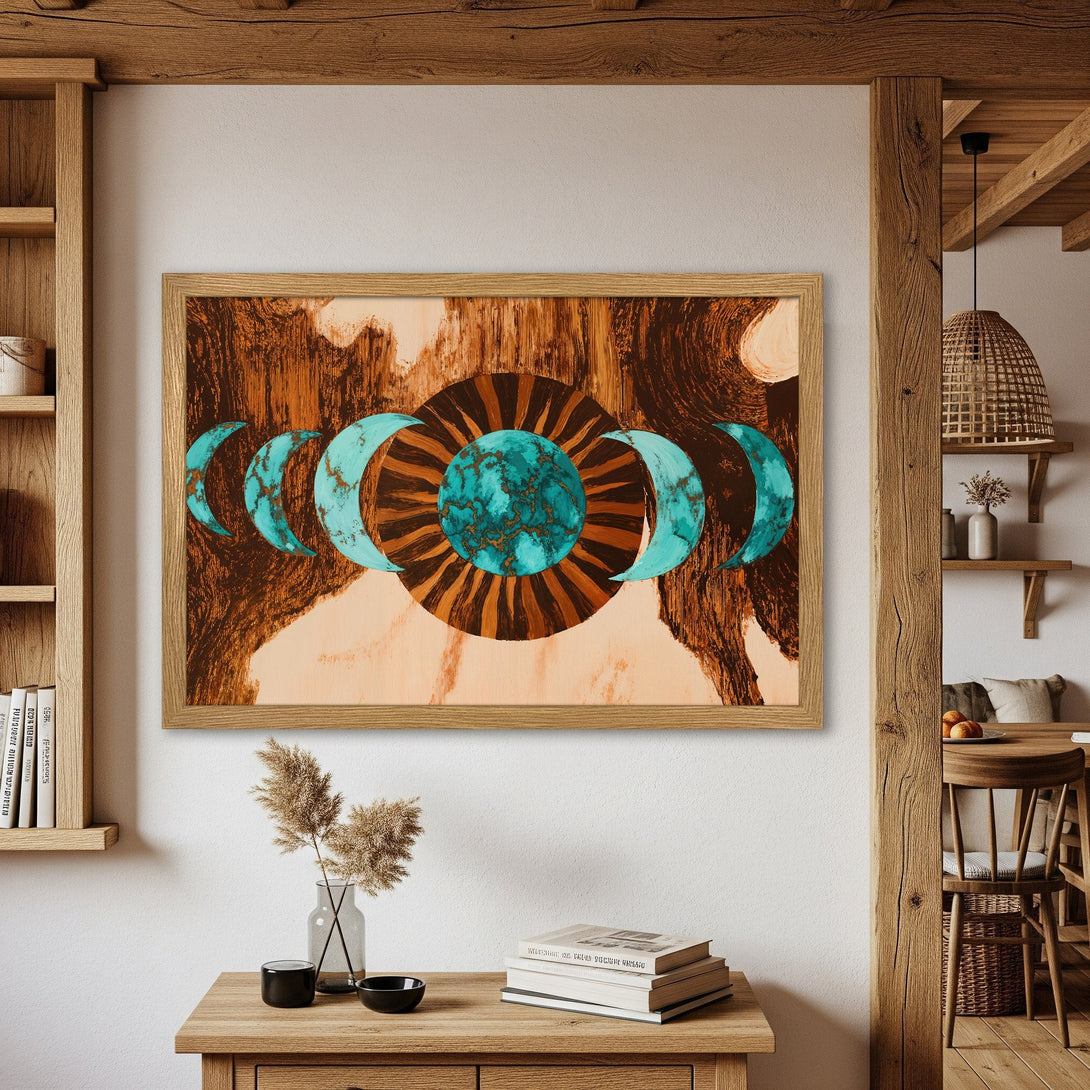 Framed Poster featuring a celestial abstract design in teal, brown, and beige. Perfect wall art for a bohemian home.