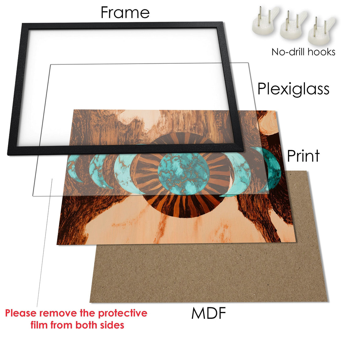 Framed Poster featuring an abstract celestial design in earthy tones with teal accents. Perfect wall art!