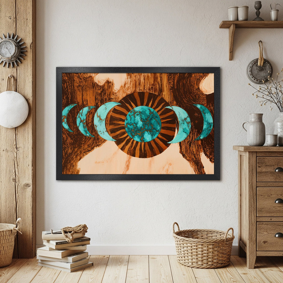 Framed Poster featuring a celestial design with moon phases in teal and brown tones, perfect wall art.