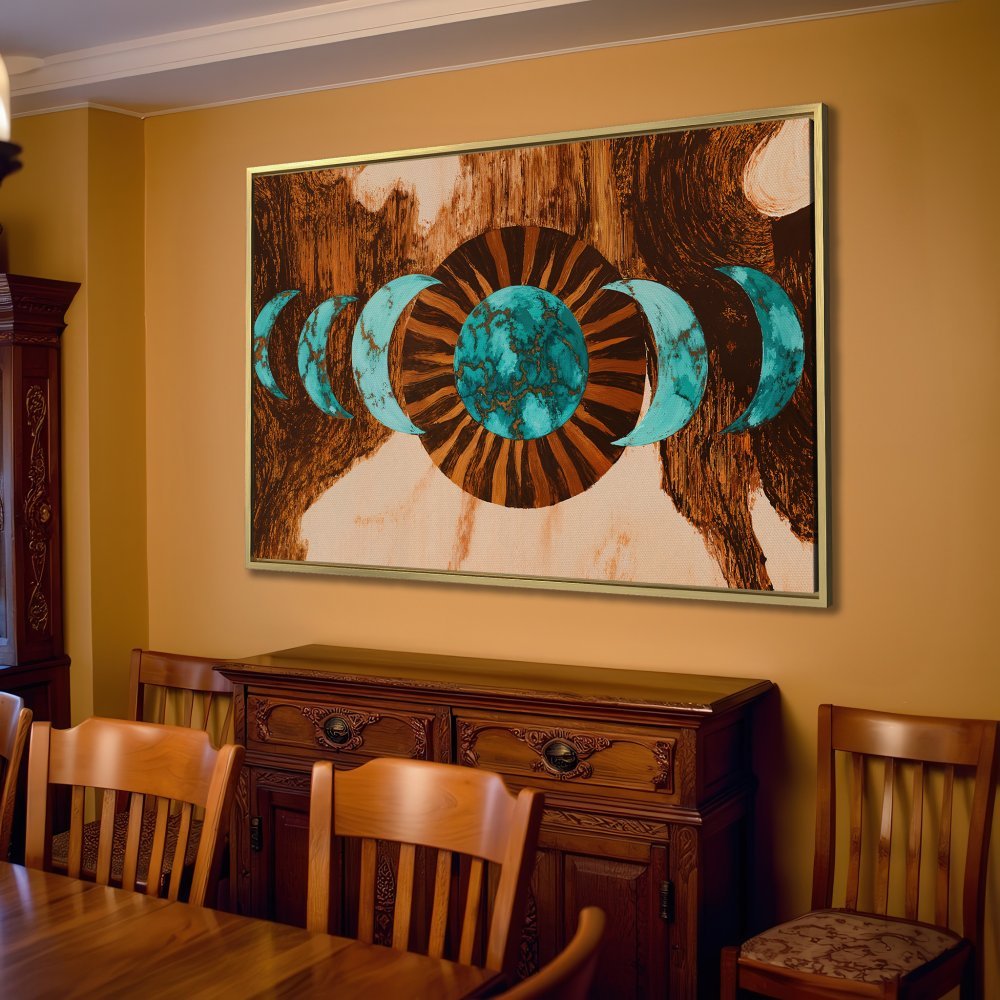 Canvas Print featuring a celestial design in turquoise and brown tones, perfect for boho home decor.