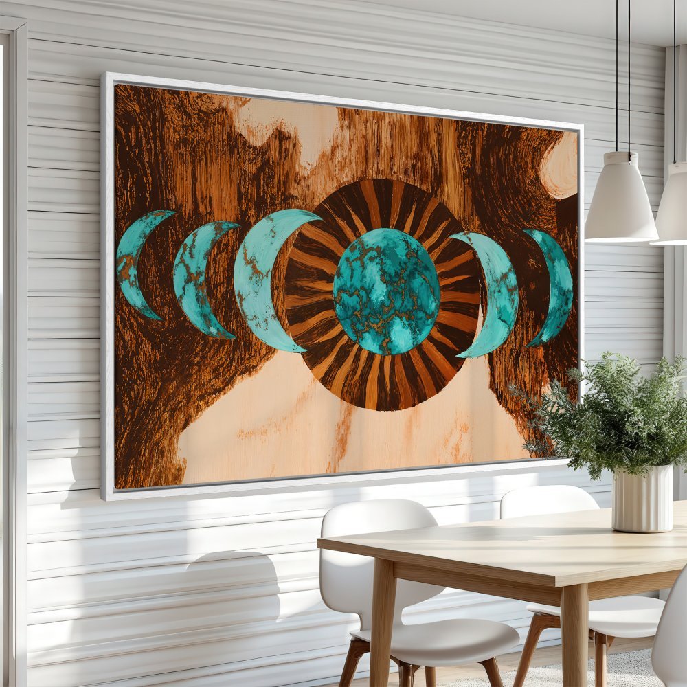 Framed Wall Art: Abstract moon phases canvas print in earthy tones of brown, teal, and beige. Modern art for your home decor.