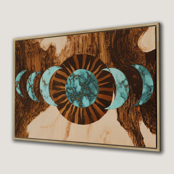 Canvas Print featuring a celestial design with moon phases in teal and brown hues. Modern abstract art for your home decor.