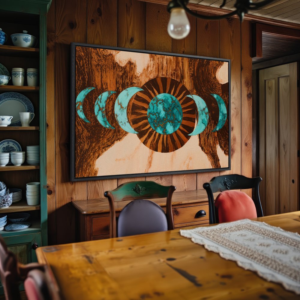 Framed Wall Art: Abstract moon phases in turquoise and brown. Rustic style Canvas Print adds warmth to any room. Shop now!