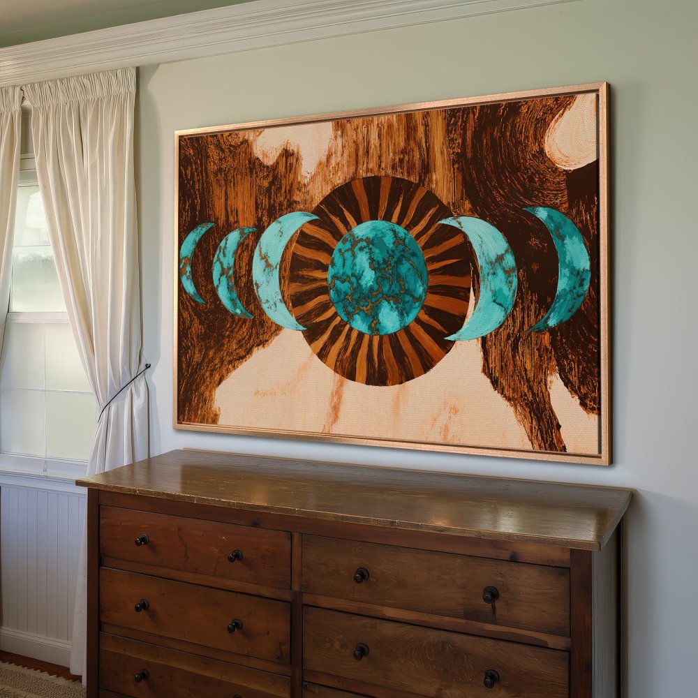 Framed Wall Art: Abstract moon phases in turquoise, brown, and tan. Add a touch of celestial style to your home with this stunning canvas print.