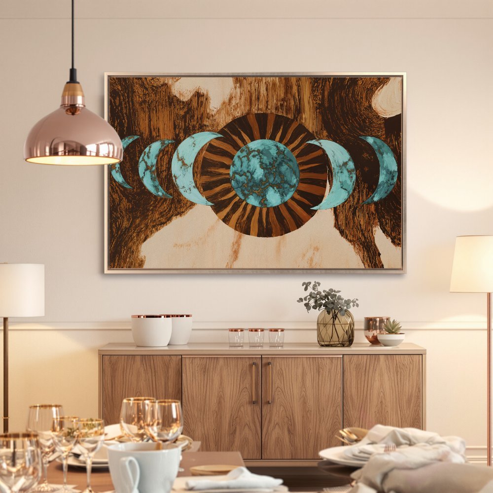 Framed Wall Art: Celestial sun and moon phases in turquoise and brown, adding a touch of boho style to any room. Shop now!