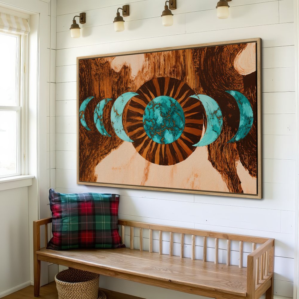 Framed Wall Art: Boho moon phases canvas print in turquoise and brown. Add a touch of celestial style to your home decor!
