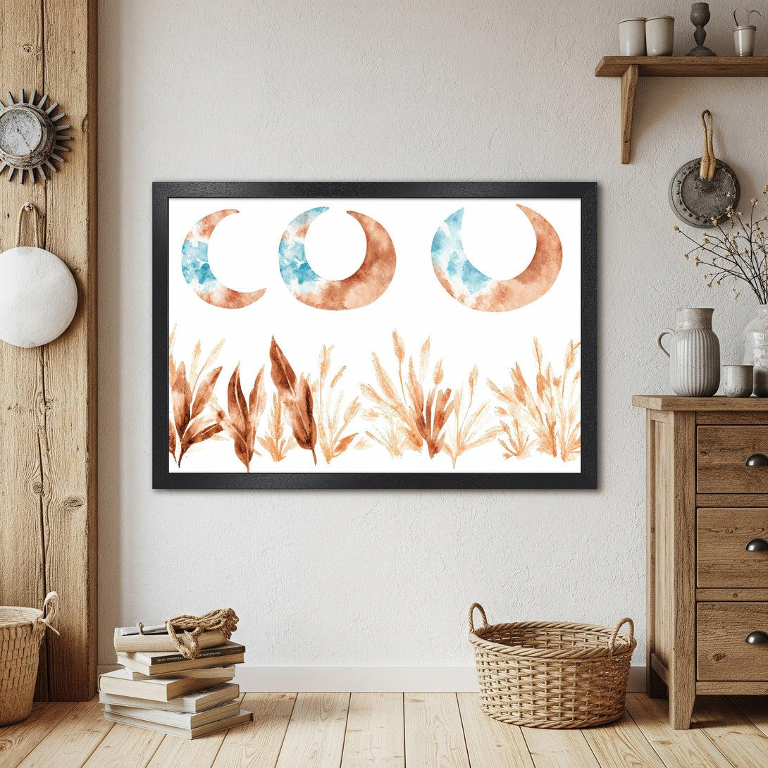 Framed Poster featuring watercolor moons and foliage in warm earth tones. Perfect wall art for a cozy home.
