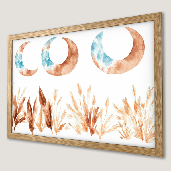 Framed Poster featuring watercolor moons and botanical elements in a warm, earthy color palette. Perfect wall art for a serene space.